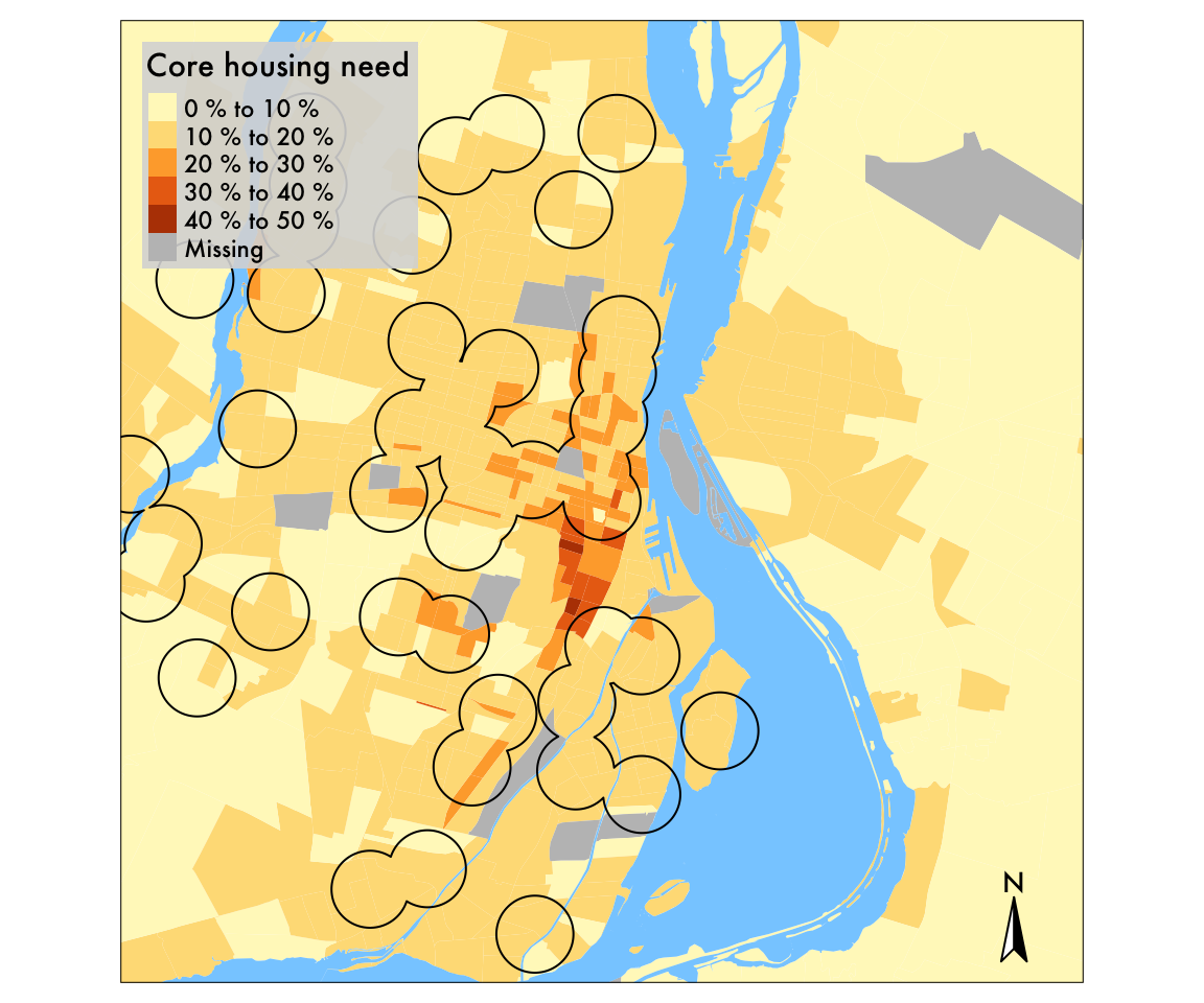 Distribution of housing need in Montreal. The core housing need is 57% higher within library walkshed than in the rest of the CMA.
